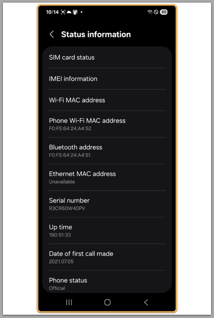 android status information screen showing sim status and network unavailable