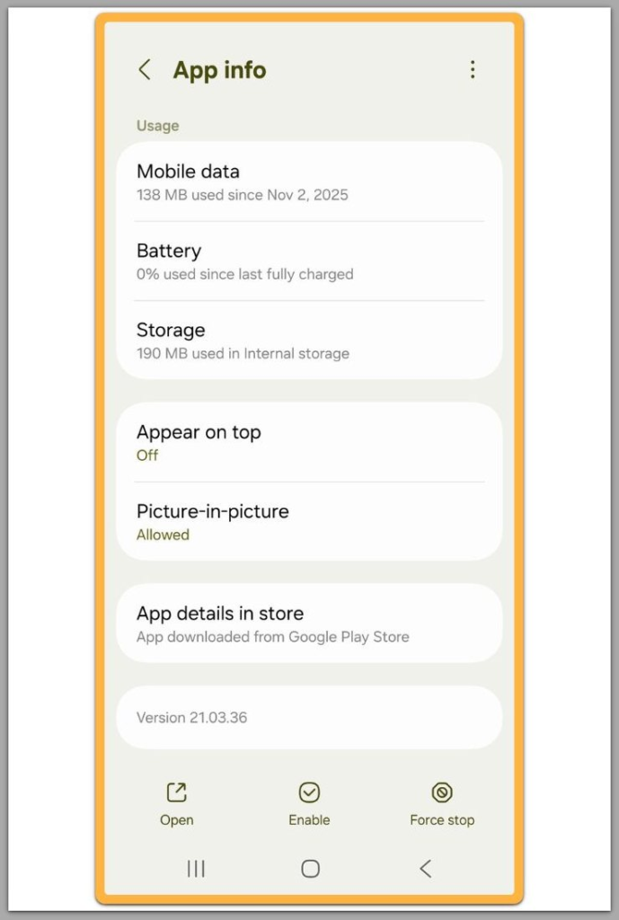 android app info screen showing installed app under system control