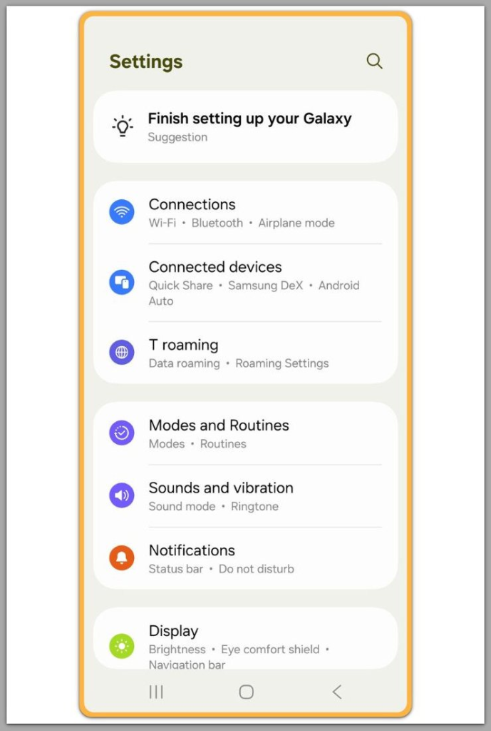 android settings main screen after system update