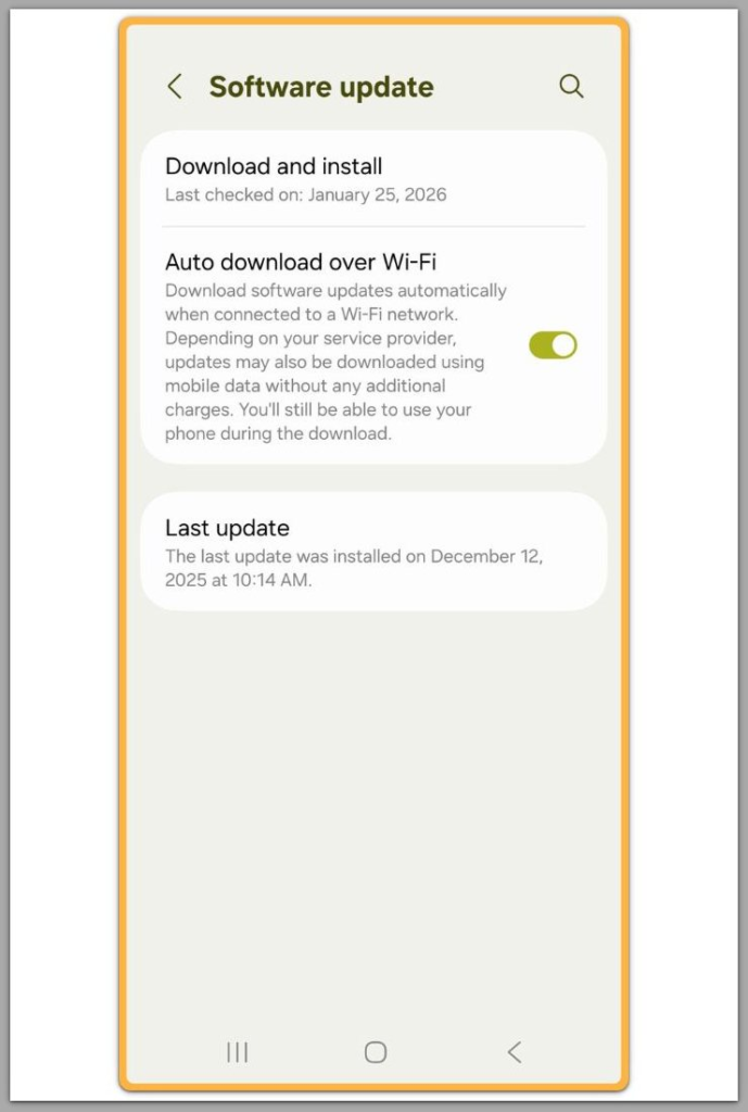 android software update screen showing last installed update date