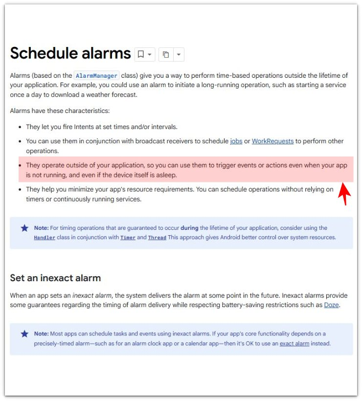 android schedule alarms documentation showing alarms can run when an app is not open and the device is asleep