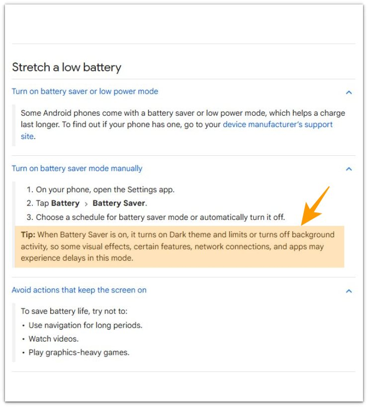 Android battery saver Google Help page showing background activity limits and network behavior during Battery Saver mode