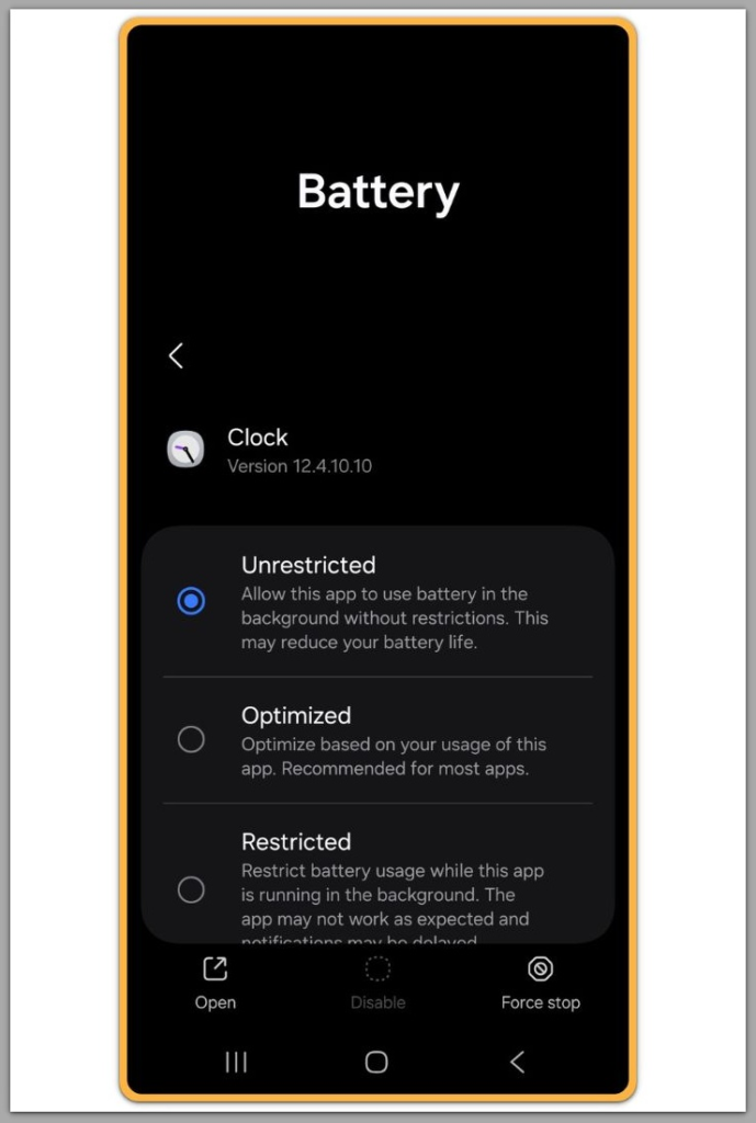 android clock app battery settings showing unrestricted optimized and restricted modes