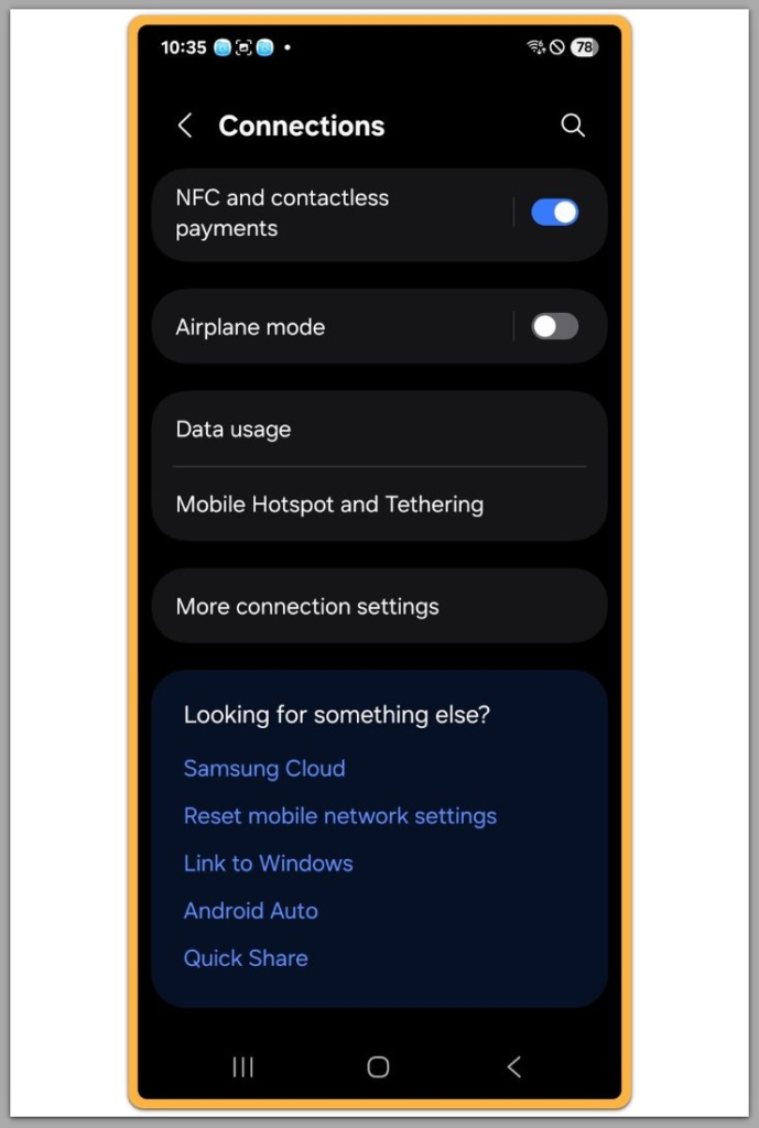 android settings connections screen with no active sim or cellular network