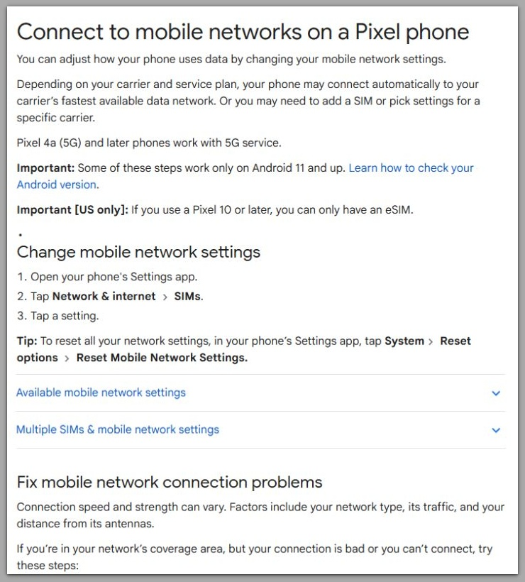 connect to mobile networks on a pixel phone google support page showing mobile network settings guidance