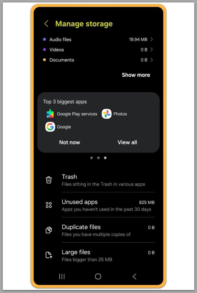 android storage management options without system cleanup