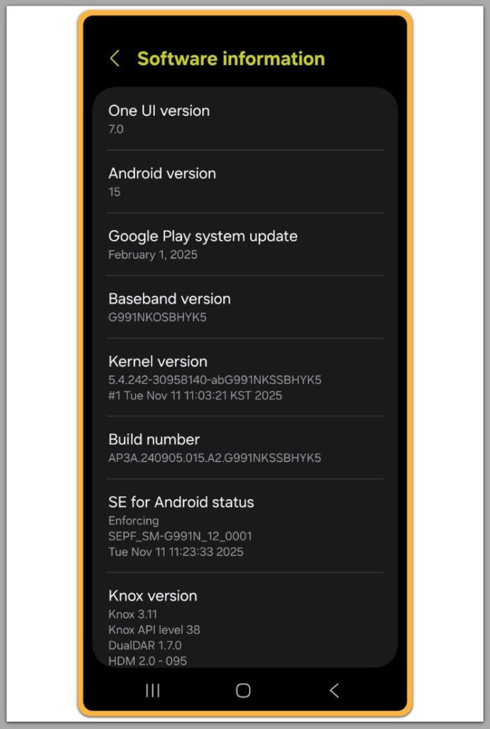android software information screen showing android version and security patch