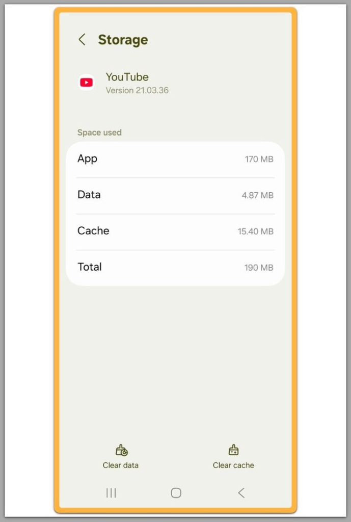 android app storage screen showing cache and data clear options