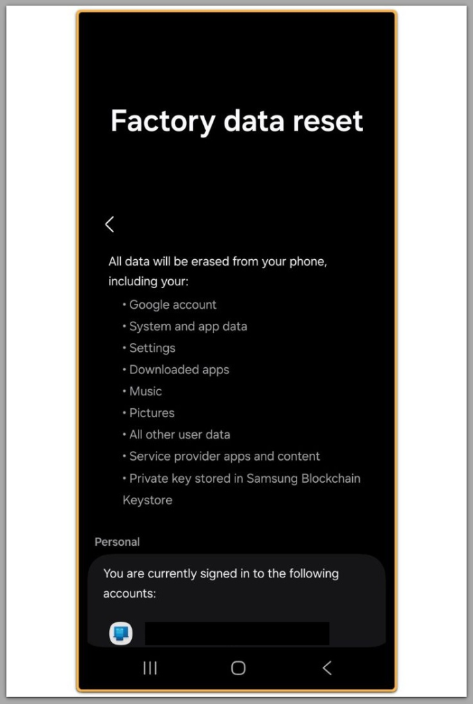 android factory data reset screen showing data erasure warning