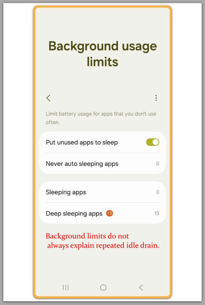 android background usage limits screen showing sleeping apps and deep sleeping apps during repeated idle drain