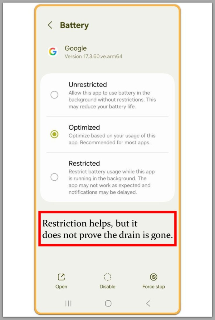 Android background sync battery drain app Battery setting with Optimized and Restricted options