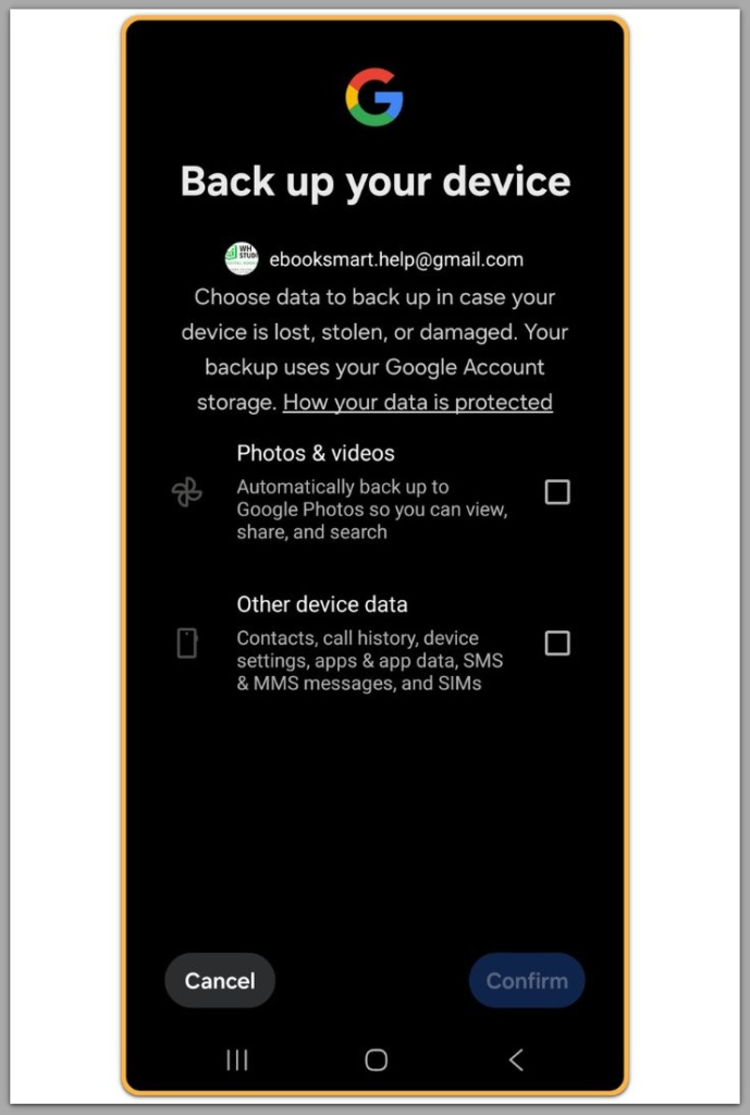 android backup preparation confirm cancel screen