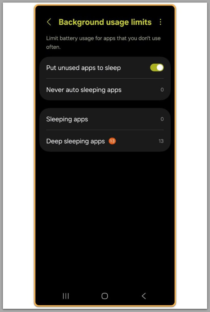 android background usage limits screen showing system battery management