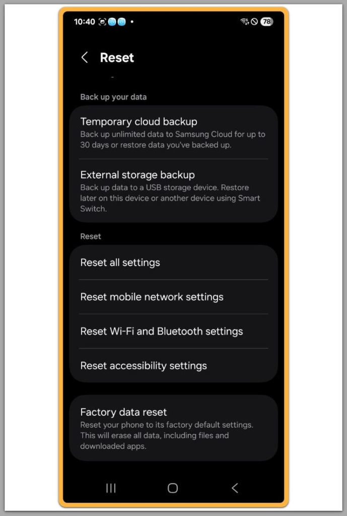 android settings reset options screen showing factory reset menu