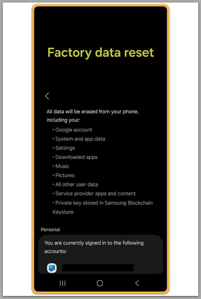 android factory data reset screen showing user data deletion notice