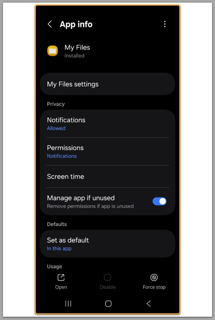android app info my files showing app level settings