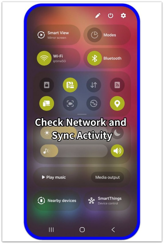 Android battery drain quick settings screen showing Wi-Fi, Bluetooth, location, NFC, nearby devices, and sync activity
