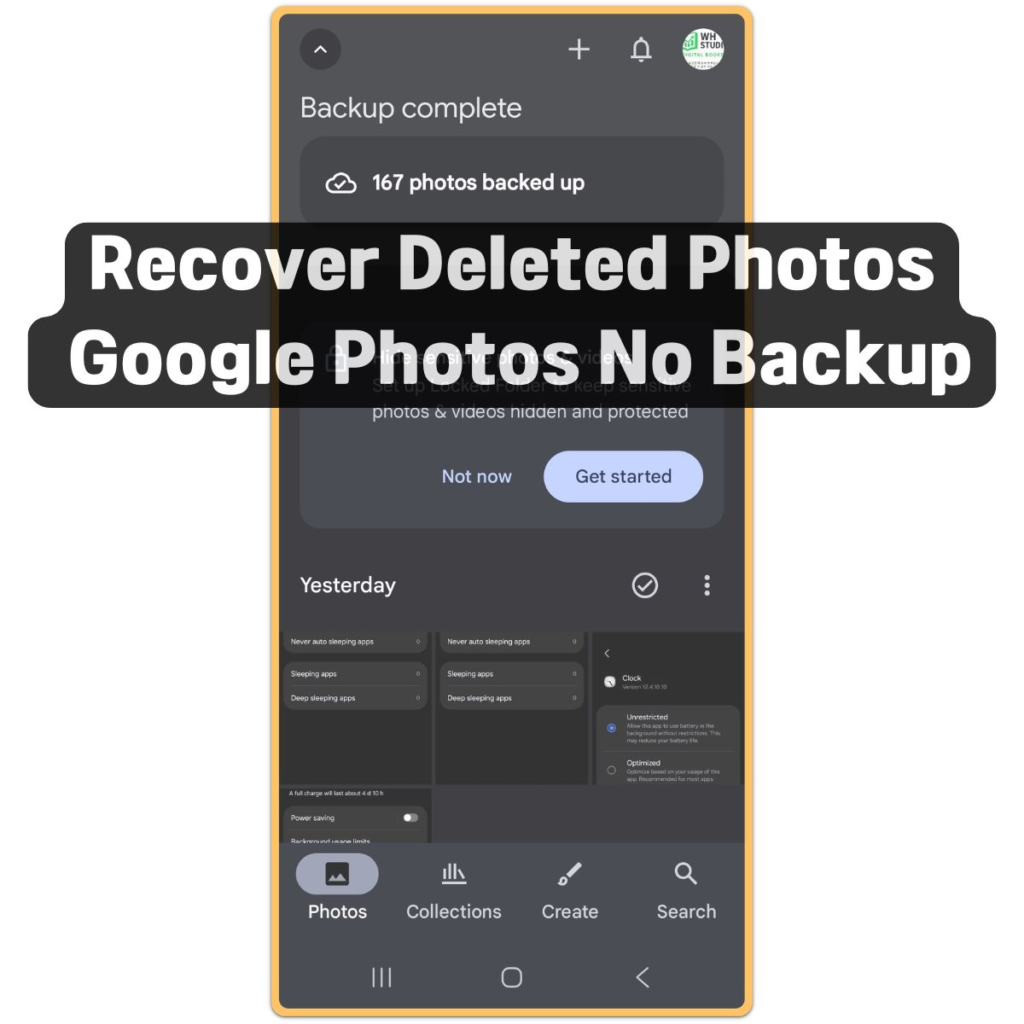 google photos app main screen showing photos collections create and search tabs