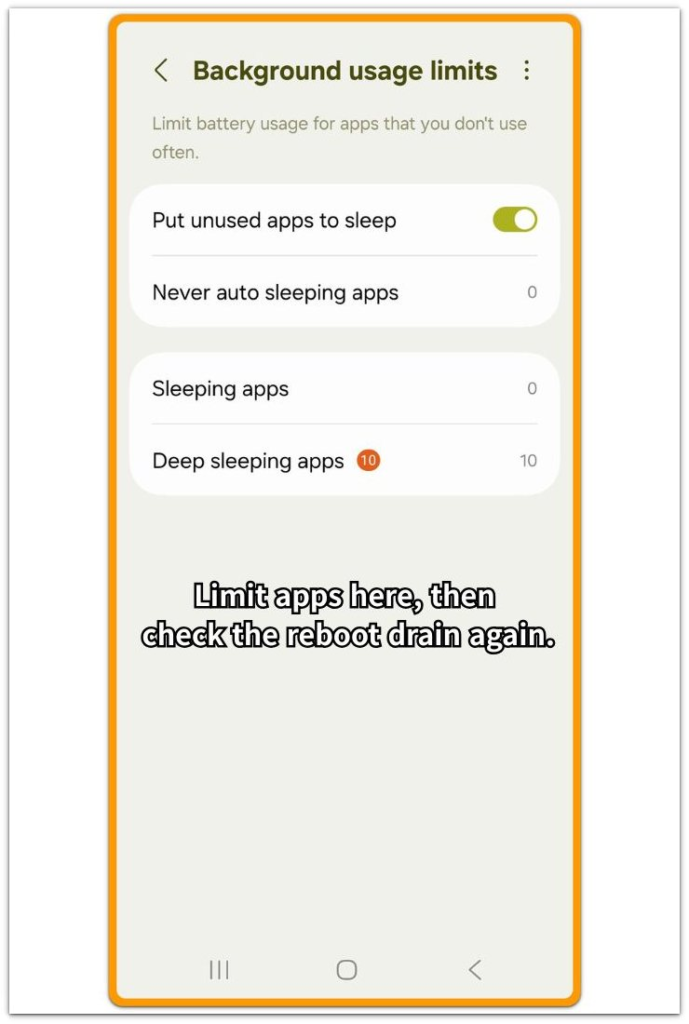 Android background usage limits screen for checking app battery control after reboot