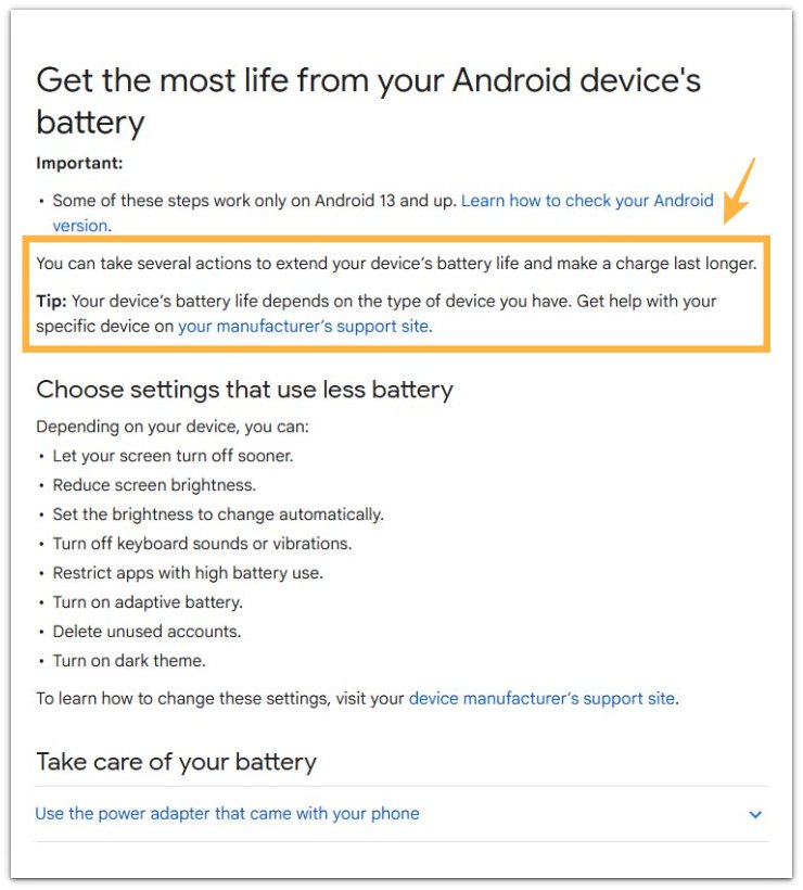 android battery help page highlighting battery life tips and device-specific dependency note