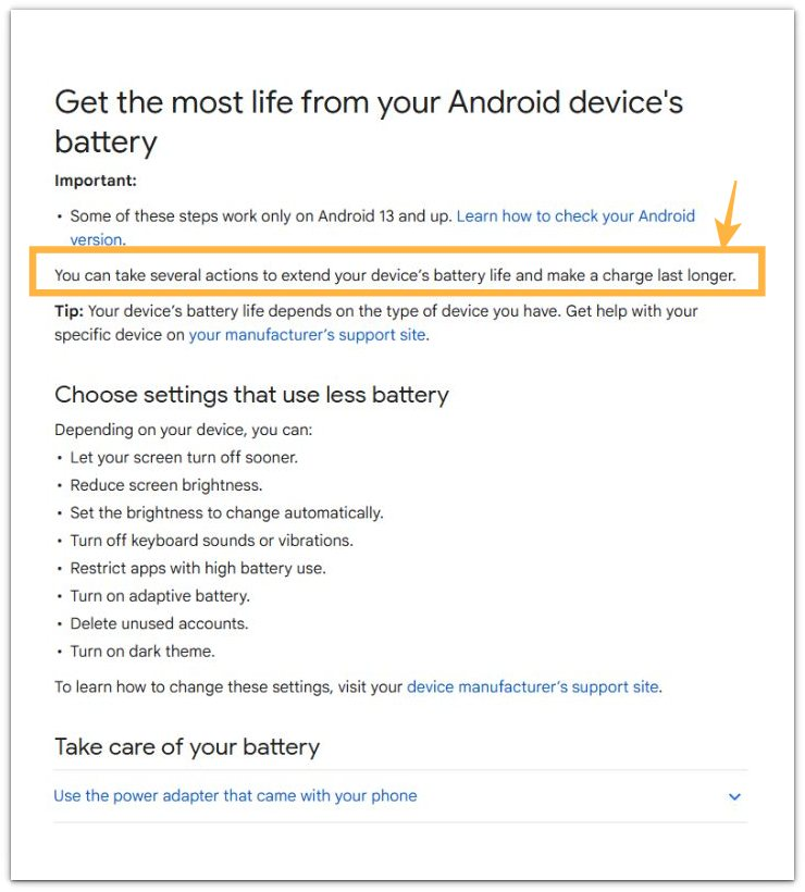 android battery documentation screen showing battery optimization guidance page layout