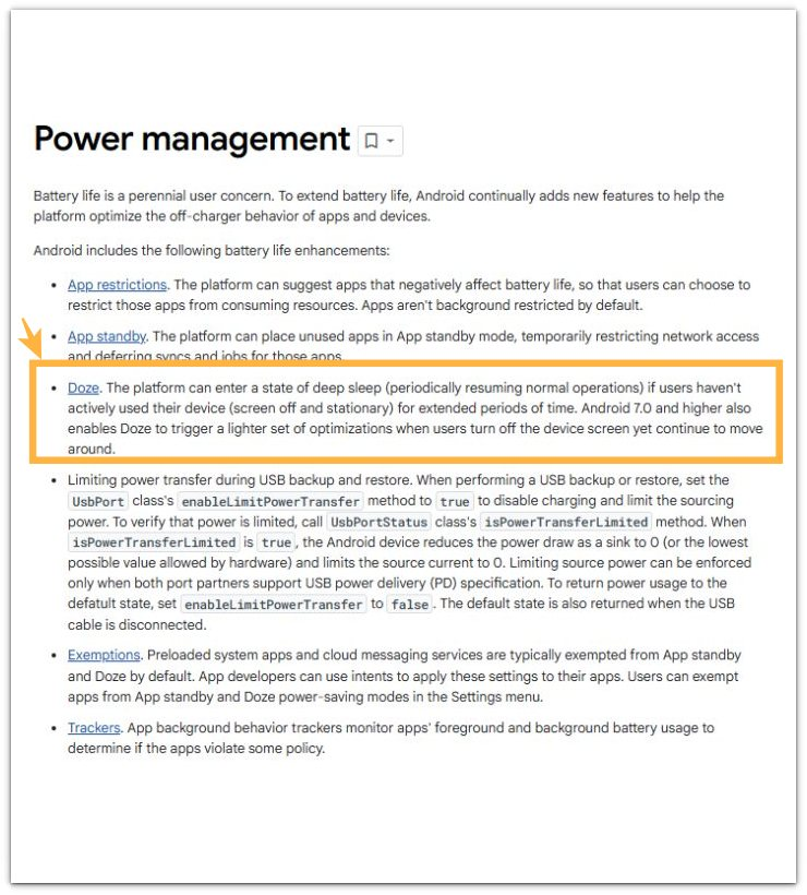 power management doze deep sleep section from official android documentation highlighting idle state behavior