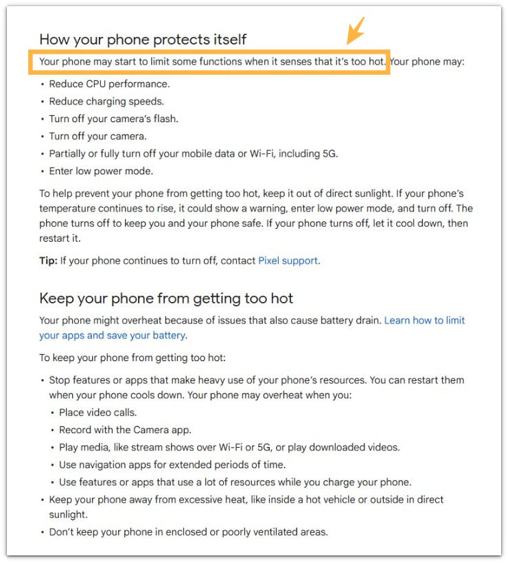 android overheating battery drain official documentation showing automatic function limitation during overheating
