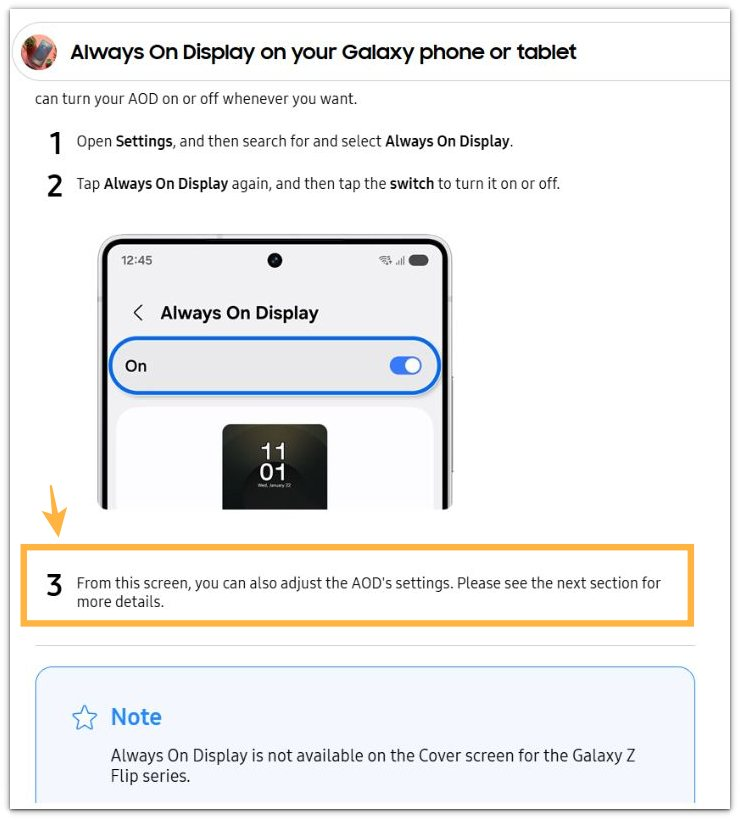 Samsung official Always On Display settings screen
