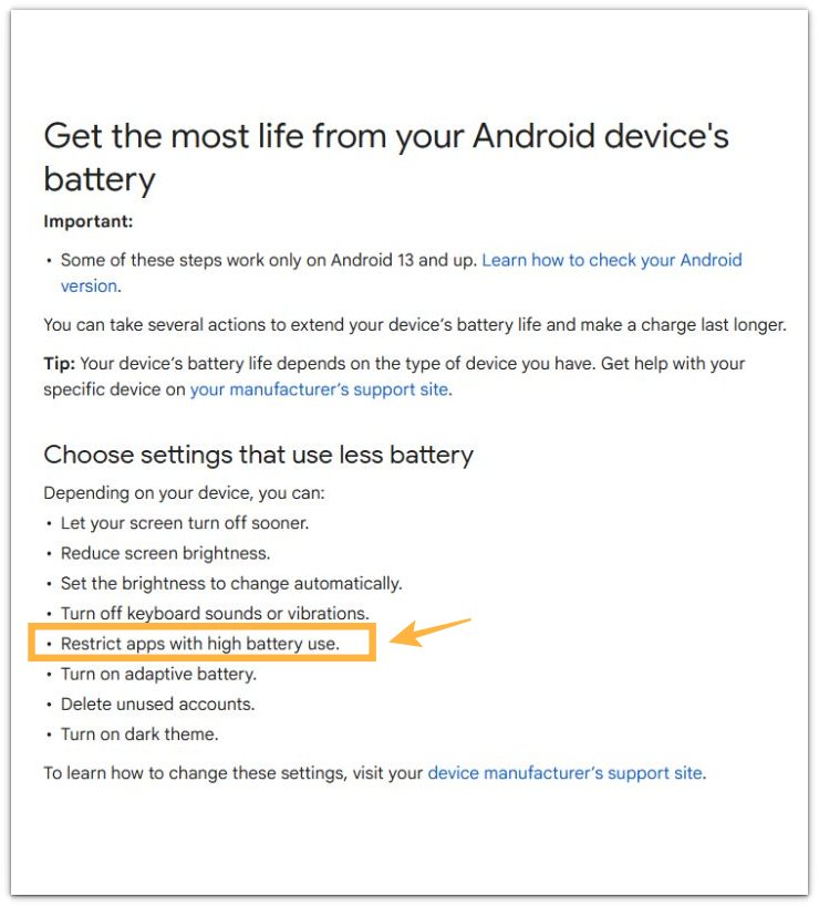 Google support page highlighting the recommendation to restrict apps with high battery use