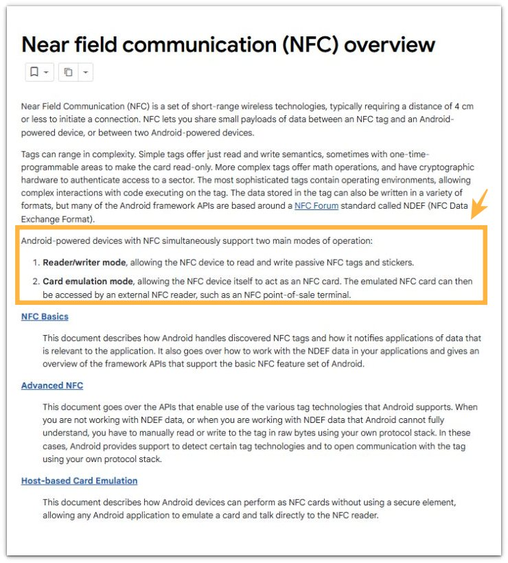 Android NFC modes official source screenshot showing reader mode and card emulation mode