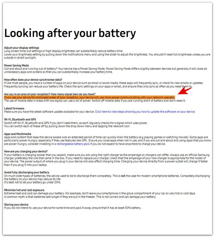samsung battery guidance showing poor reception and android battery drain from poor signal strength
