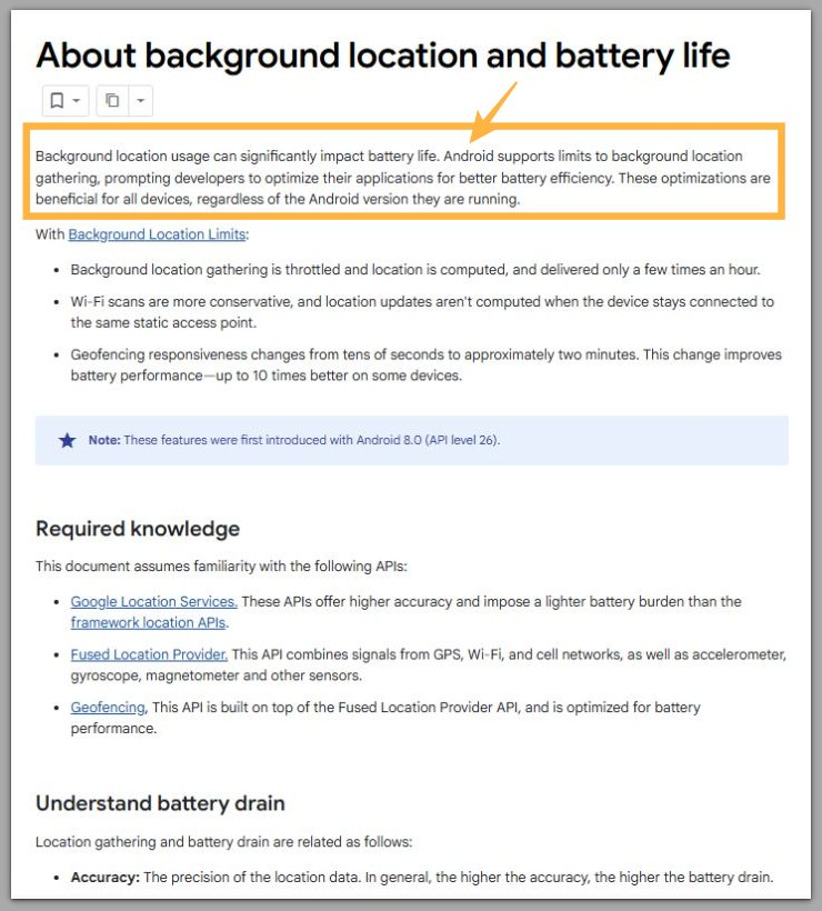 android official documentation showing background location limits and battery life explanation
