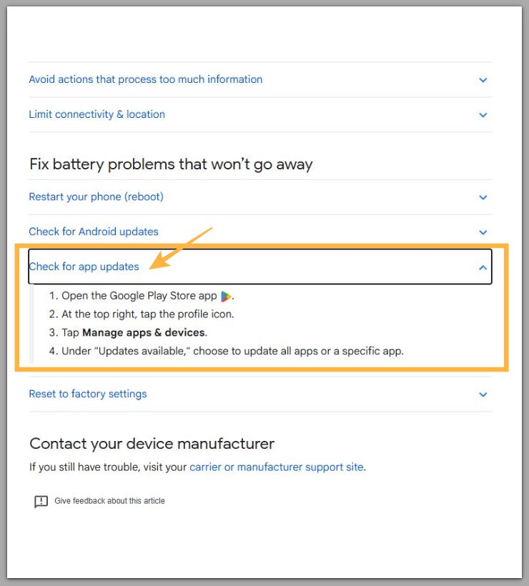 official android support page highlighting check for app updates under fix battery problems section