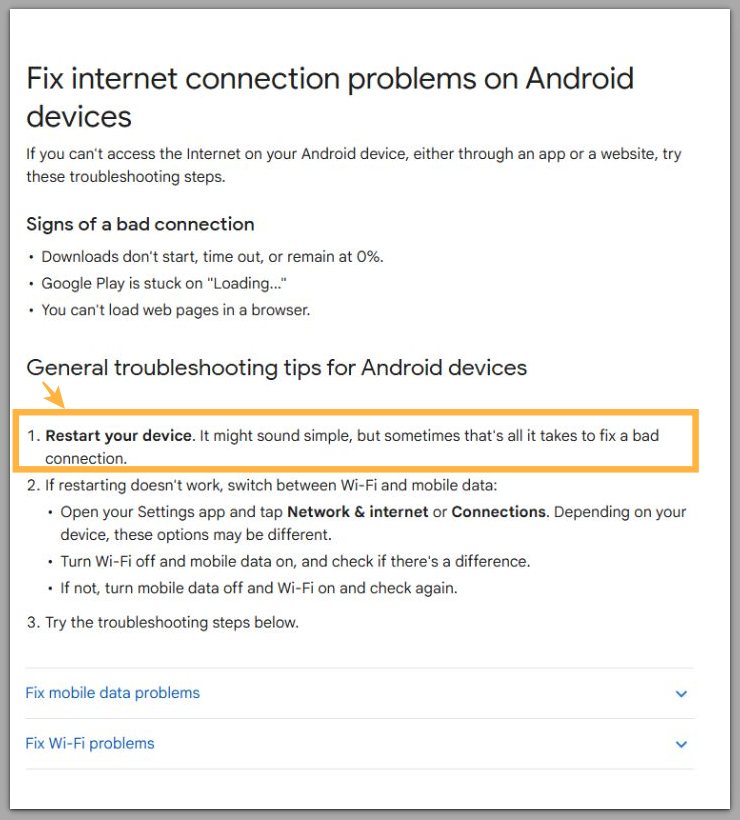 google official help page showing restart your device step in internet connection troubleshooting guide