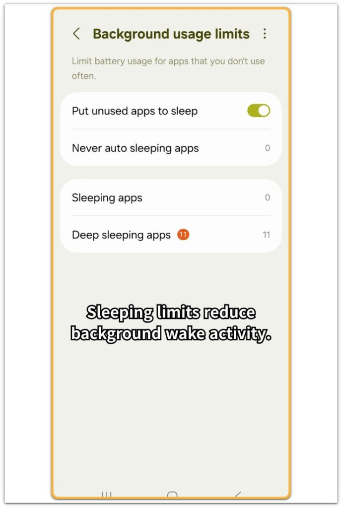 android battery drain with screen off background usage limits screen showing sleeping apps and deep sleeping apps