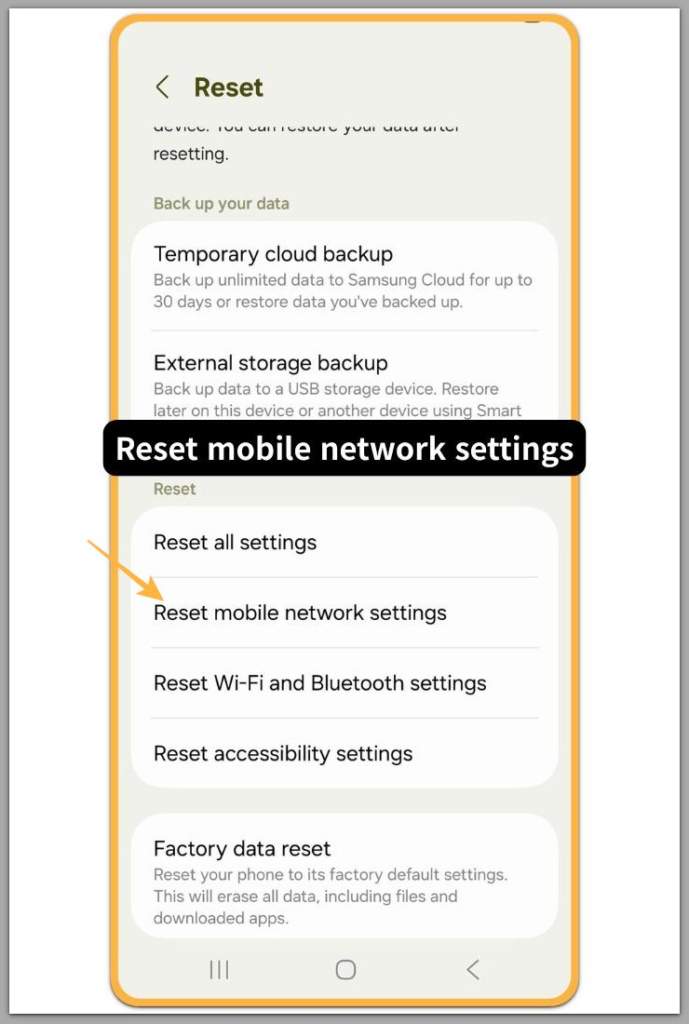 galaxy reset menu showing reset mobile network settings option in general management