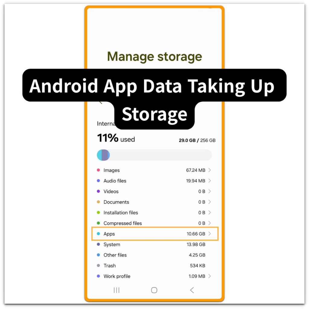 android app data taking up storage shows apps category using large storage due to internal app data accumulation inside app containers
