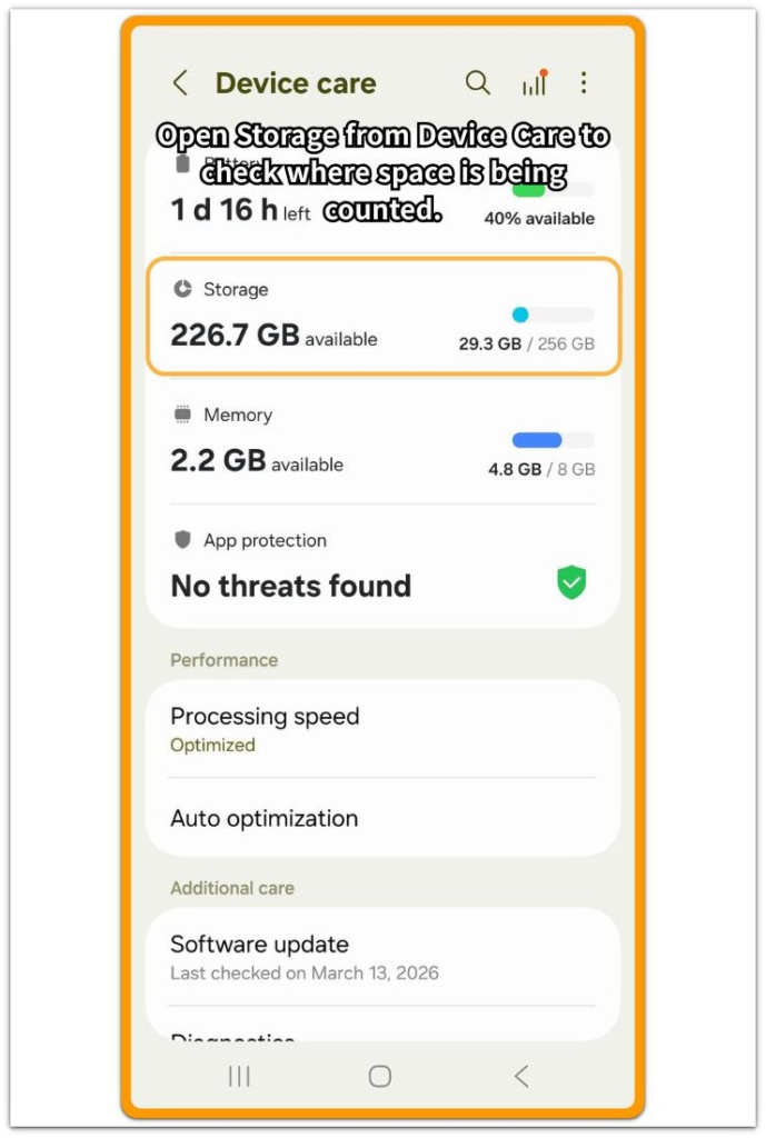 android storage full but no files visible device care storage screen
