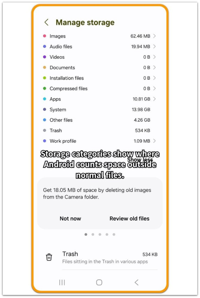 android storage categories showing apps system and other files usage