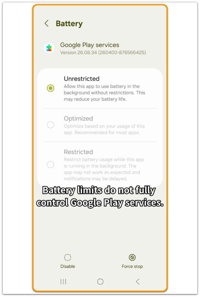 google play services battery restriction settings on android