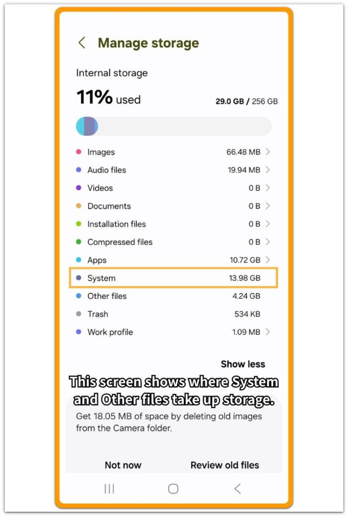 Android log files taking up storage shown in the Android storage overview with System and Other files listed.