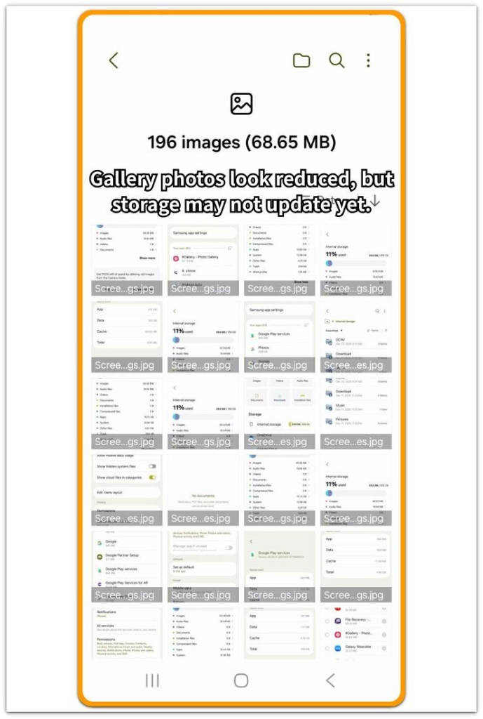 android gallery photos reduced but storage still not updated