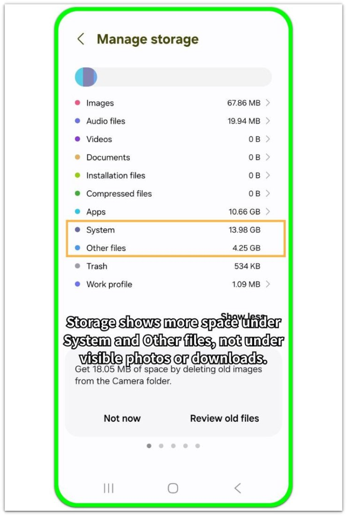 Android Storage screen showing System and Other files categories after backup activity