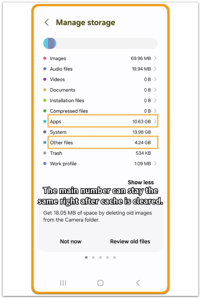 main storage number still unchanged after clearing cache on Android