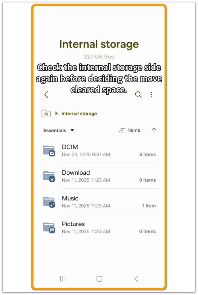 android storage full after moving files to sd card internal storage folder still showing old files