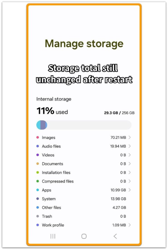 Android storage not updating after restart with unchanged storage total