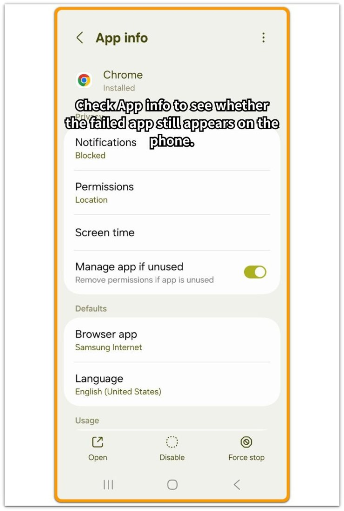 app info screen for failed app install check