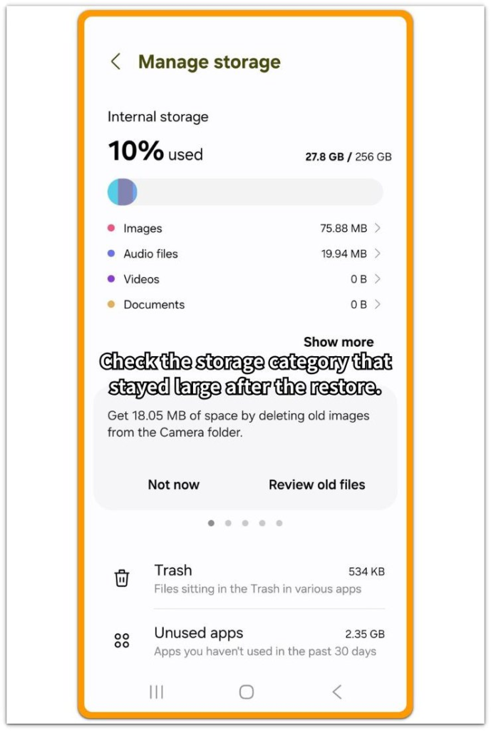 android storage full after restore storage category check