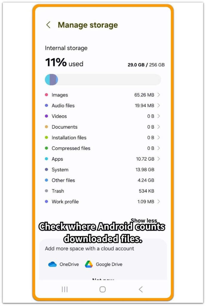 Android storage screen showing where downloaded files are counted