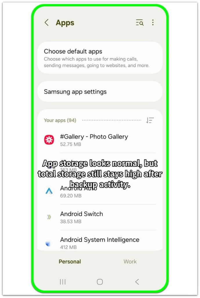 App list showing app storage remains low while total storage stays high after backup or transfer activity